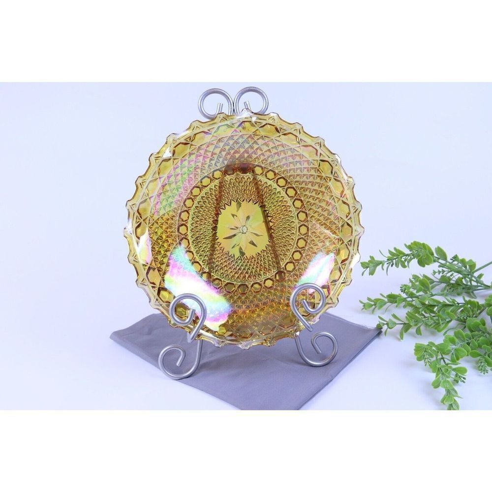 Indiana Windsor Amber Iridescent Carnival Glass Crimped Edge Bowl